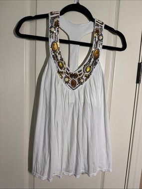 Victoria's Secret White Tank with Gold & Amber Beaded V-Neck